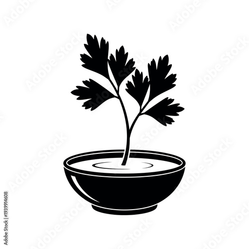 Parsley sprig in bowl black and white illustration.