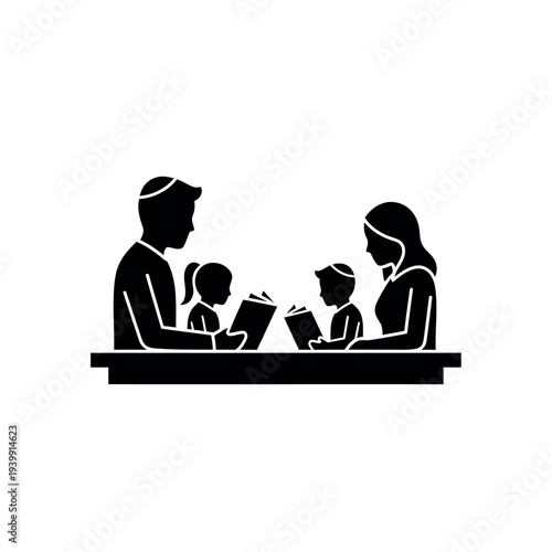 Jewish family reading together black glyph icon.