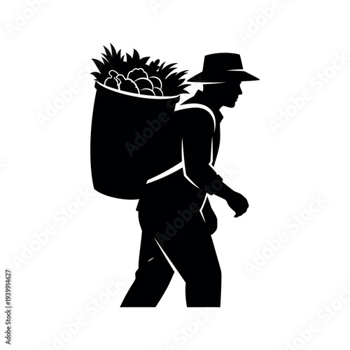 Silhouette of a farmer carrying a large basket of produce.