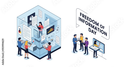 Illustration of people interacting with a transparent cube representing government transparency on Freedom of Information Day with a computer and documents.
