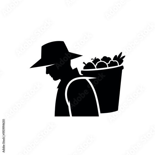 Silhouette of a farmer carrying a basket of fresh produce.
