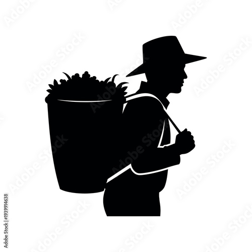 Silhouette of a farmer carrying a large basket on his back.