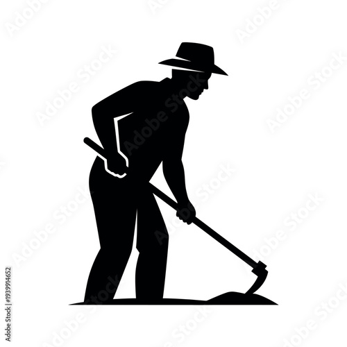 Silhouette of a farmer working with a hoe.