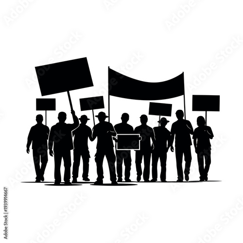 Silhouette of people protesting with signs and banners.