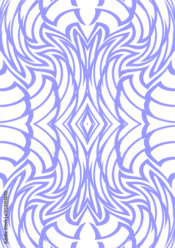 A stunning and intricate symmetrical abstract pattern featuring flowing swirl and wave lines in soft lavender purple on a clean white background. The mirrored design creates an elegant, kaleidoscopic 