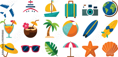 Travel tourism sticker collection with summer vacation icons journey tour elements luggage airplane camera and destination cartoon vector illustration set