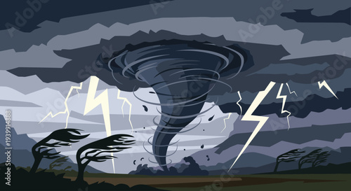 A powerful and destructive tornado descends from dark, stormy clouds with lightning strikes and trees bending in strong winds.