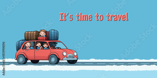 Group of children and an adult in a red car with bags on top, driving on a road under a blue sky, showing excitement for travel.