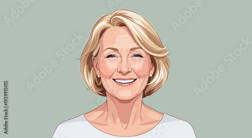 Vector illustration of a smiling mature woman with blonde hair and a happy expression on a light green background.