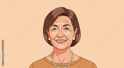 Illustration of a smiling older woman with short brown hair and a pearl necklace against a plain background.