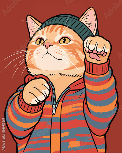A cat dressed in a striped hoodie and hat raises a fist as if ready for a fight on a plain red background.