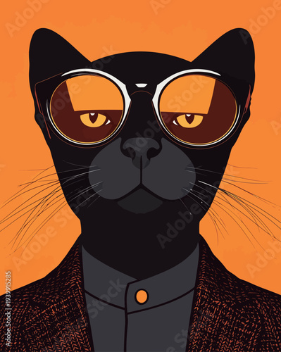 A black cat dressed in sunglasses and a coat looks confidently at the viewer. The background is bright orange.