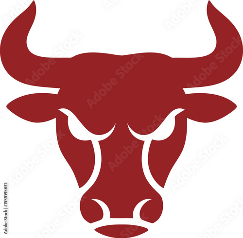 A bold red bull's head illustration viewed from front with fierce expression and sharp horns