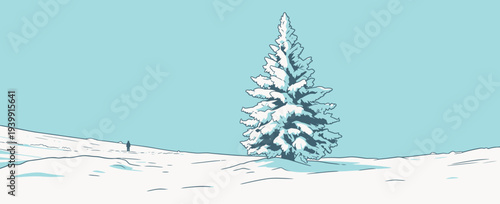 A person walks in a snowy field next to a large snow-covered tree under a bright blue sky in winter time.