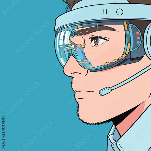 A person is using a virtual reality headset while focused on an unseen activity. The background is bright blue, emphasizing the tech.