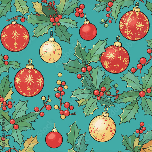 Red and gold Christmas ornaments hang among holly leaves. The background is blue, creating a festive scene for the holiday season.