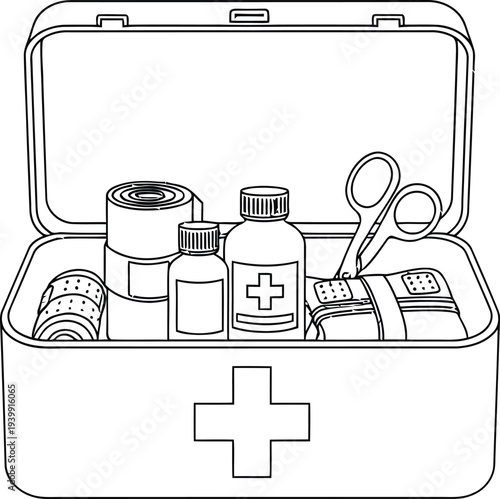 A simple first aid kit with medical supplies inside and a cross on the front.