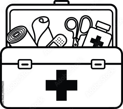 A simple first aid kit with various medical supplies inside.