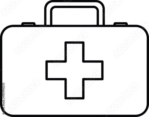 Simple line drawing of a first aid kit with a cross on it