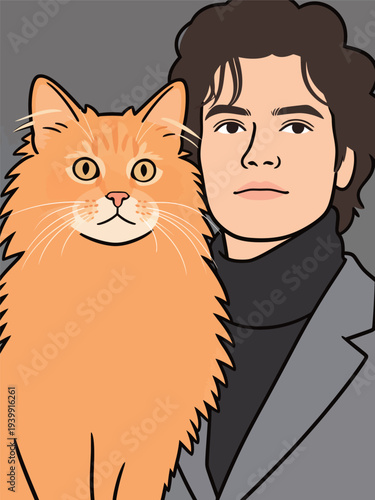 A person stands next to an orange cat. Both are facing forward. The background is plain and the focus is on them.