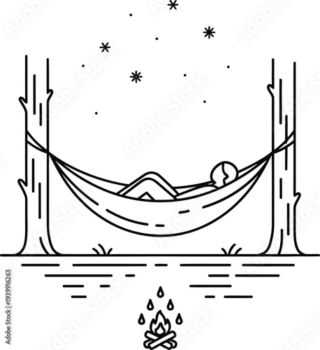 A serene scene of a person relaxing in a hammock under the stars near a campfire.