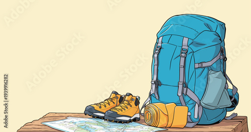 A backpack sits on a wooden table next to a map, hiking shoes, and a rolled sleeping mat, ready for an outdoor adventure.