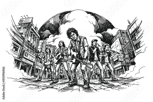 Vintage engraving style rock band performing on urban street stage, detailed black and white hand drawn music performance vector illustration.