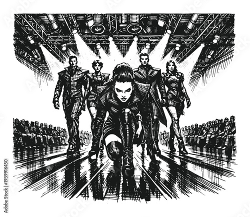 Vintage engraving style futuristic squad walking on illuminated stage runway, detailed black and white hand drawn sci fi character vector illustration.