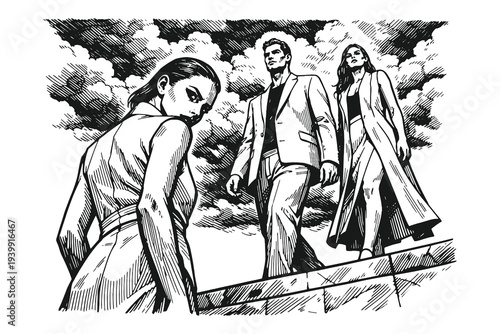 Vintage engraving style dramatic fashion models walking with confident attitude under cloudy sky, detailed black and white hand drawn people vector illustration.