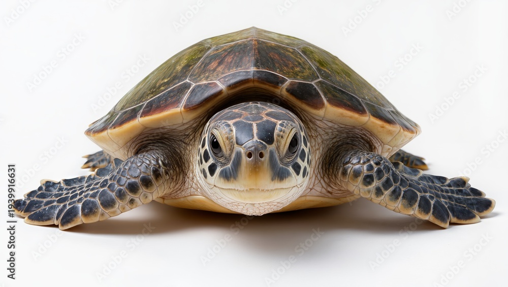 Obraz premium Sea turtle facing camera isolated on white background, marine reptile and ocean wildlife animal with detailed shell and flippers.