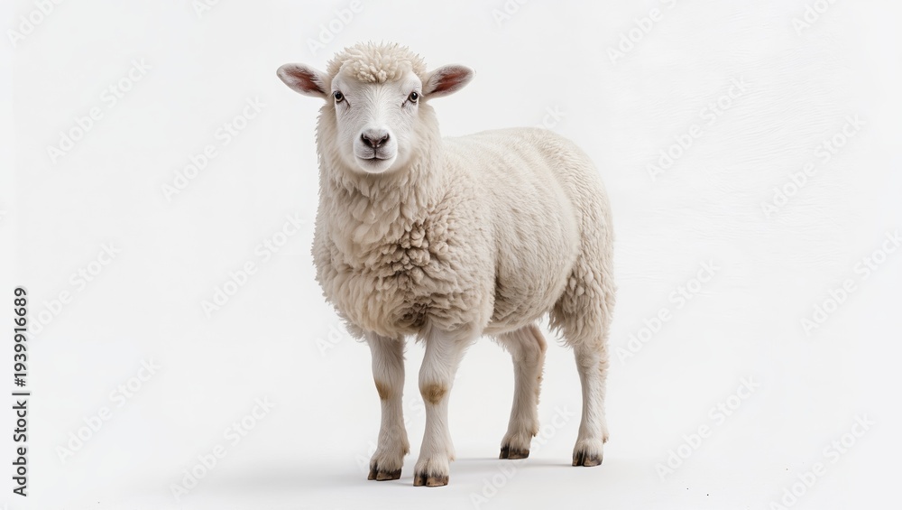 Fototapeta premium White sheep standing and looking at camera isolated on white background, farm livestock animal used for wool and agriculture.