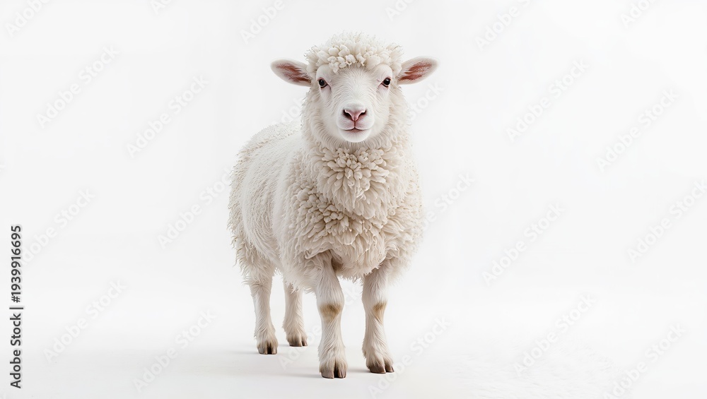 Fototapeta premium White sheep standing and looking at camera isolated on white background, farm livestock animal used for wool and agriculture.