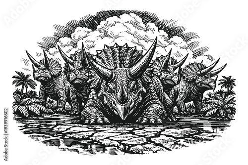 Vintage engraving style triceratops herd in prehistoric landscape with dramatic clouds, detailed black and white hand drawn dinosaur vector illustration.