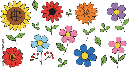Set of colorful hand drawn flower icons with bold black outlines and vibrant flat colors for spring and summer garden design projects