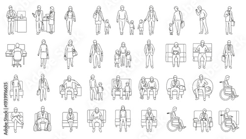 Various people in outline drawings showing different activities and poses