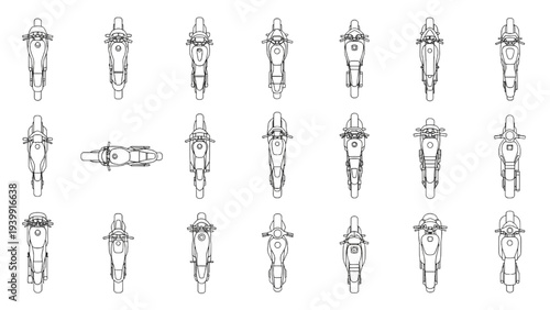 Collection of Diverse Motorcycle Top View Outline Illustrations for Various Design Projects