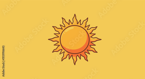 A round sun with bright rays shines on a yellow background. The sun symbolizes warmth and brightness in the setting.