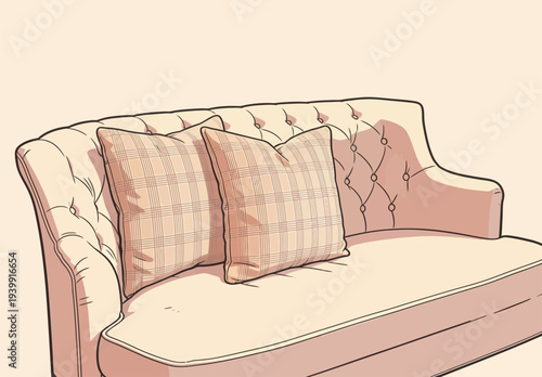 A sofa sits with two checked pillows against a plain background in bright light. The scene shows a simple, cozy setup.