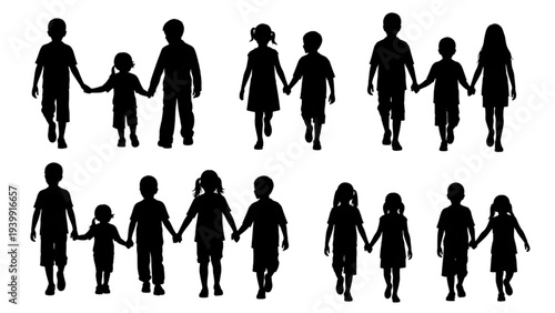 Childhood bonds silhouetted children holding hands, embodying togetherness and support