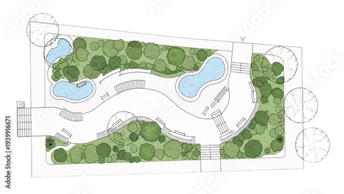 Conceptual master plan for a modern leisure park featuring diverse swimming pools and lush green landscaping