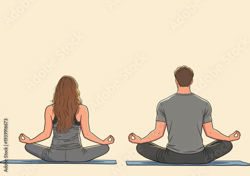 Two people are sitting cross-legged on yoga mats while practicing yoga. They are in a focused position and appear to be meditating.