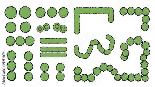 Top-down view of diverse green tree and bush elements for landscape architecture and garden planning