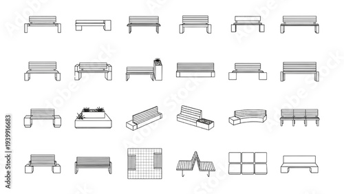 Comprehensive Assortment of Bench and Seating Furniture Elements for Architectural Plans
