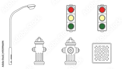 Street Elements Icons Traffic Lights, Hydrants, and Grates