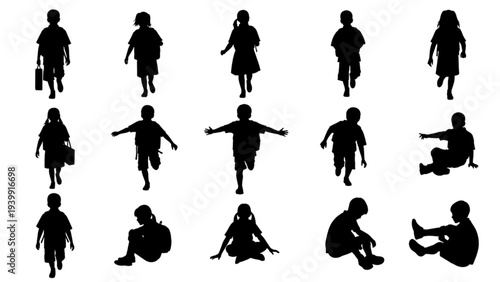 Diverse group of children silhouettes in dynamic poses, showcasing youthful energy and various activities