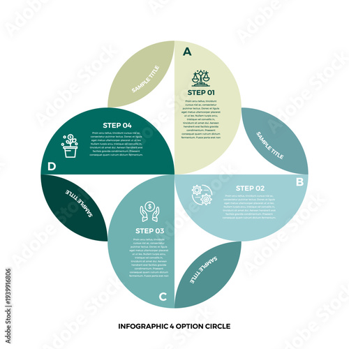 Vector circle venn diagram infographic four steps for business presentations and posters or web. Vector editable infographic.