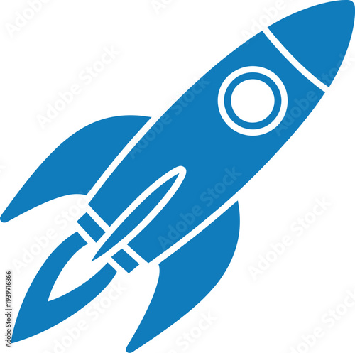 A blue rocket ship illustration soars upwards with fins and a circular window in a technological advancement