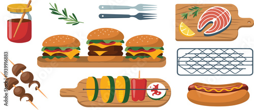 Barbecue food vector set with grilled salmon sausages skewers burgers hot dogs on wooden boards colorful cartoon cooking illustrations