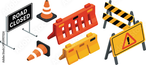 Road closed construction safety vector set with isometric barriers traffic cones warning signs and street repair elements illustration