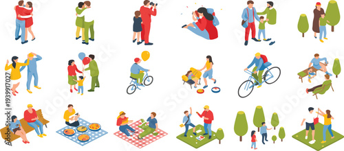 Family activities vector illustration set with parents and children spending time together enjoying games learning hobbies and outdoor fun